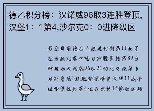 德乙积分榜：汉诺威96取3连胜登顶,汉堡1：1第4,沙尔克0：0进降级区