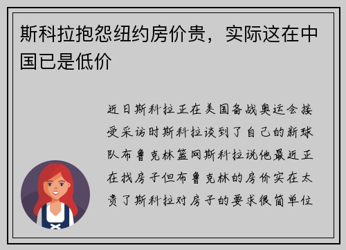 斯科拉抱怨纽约房价贵，实际这在中国已是低价