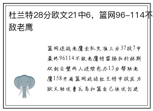 杜兰特28分欧文21中6，篮网96-114不敌老鹰