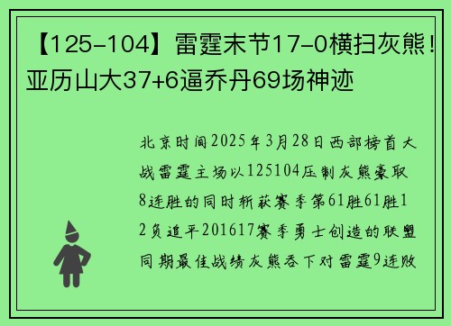 【125-104】雷霆末节17-0横扫灰熊！亚历山大37+6逼乔丹69场神迹